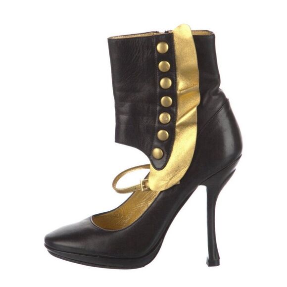 Prada Authentic Vintage RARE Black Gold Leather Ankle Heels Pumps 7 - Picture 1 of 9